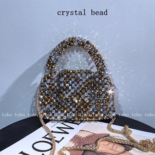 Crystal Bling Handmade Party Lunch Bags Unique Shiny Women's Handbag 2023 Trendy Female Sliver and Golden Long Belt Wallet