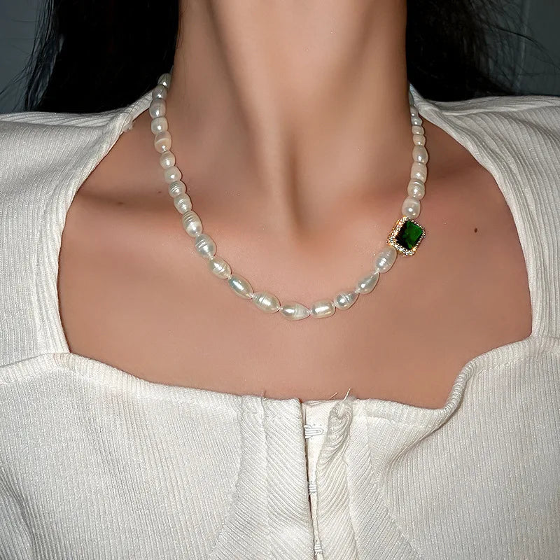 100% Natural Freshwater Pearl Trendy Green Square Crystal 14K Gold