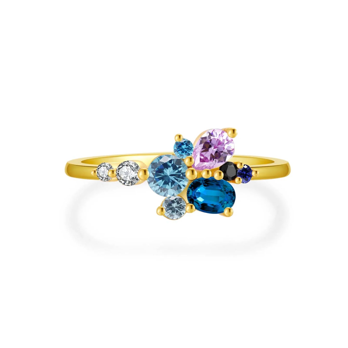 925 Sterling Silver Gold Ring Flower Blue Luxury Jewelry