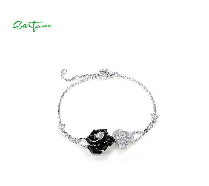 925 Sterling Silver Jewelry Set  Black White Flowers