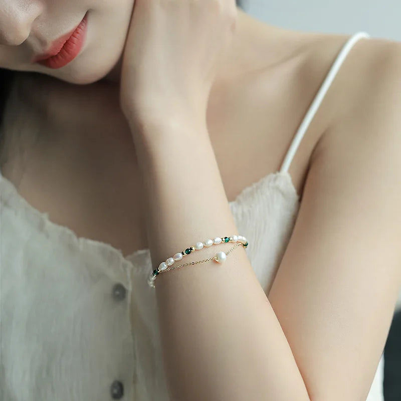 New Arrival Trendy Contrast Stitched Double-layer Bracelet Natural Freshwater Pearl 14K Gold Filled