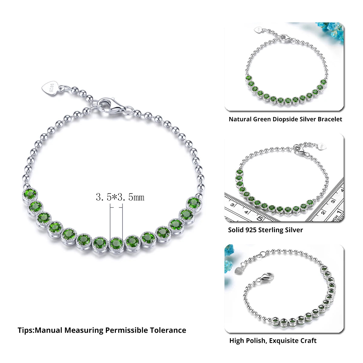 Natural Chrome Diopside Solid Sterling Silver Bracelet 2.9 Carats Genuine Green Gemstone Classic