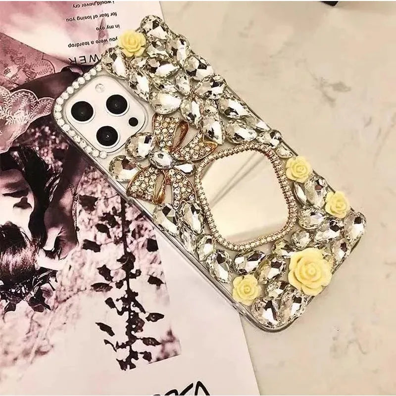 Hard TPU Back Cover Case for Huawei P50Pro, P40, Honor 50, 60Pro, Roses Decorate Diamonds, Mirror