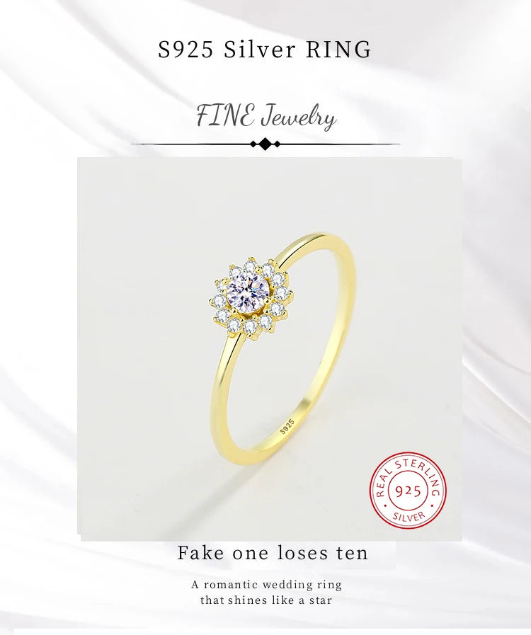 2022 NEW Classic Snowflake Rings For Women Real S925 Sterling Silver Gold Crystal Flowers Wedding Party Fine Jewelry Gift