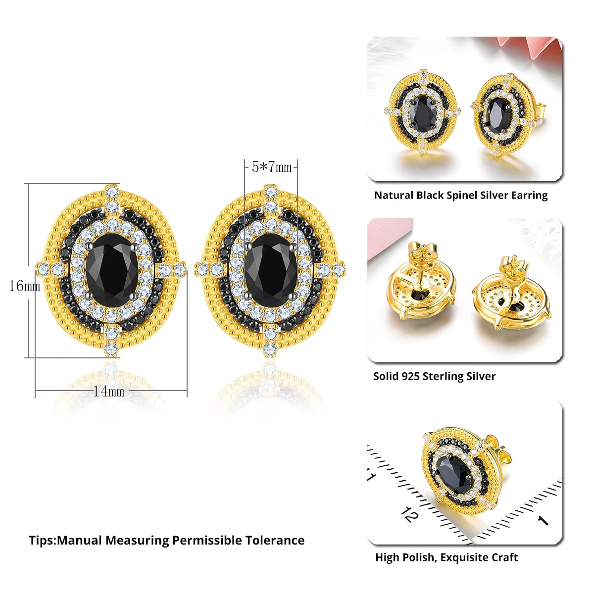 Natural Genuine Black Spinel Yellow Gold Classic Fine Jewelry S925