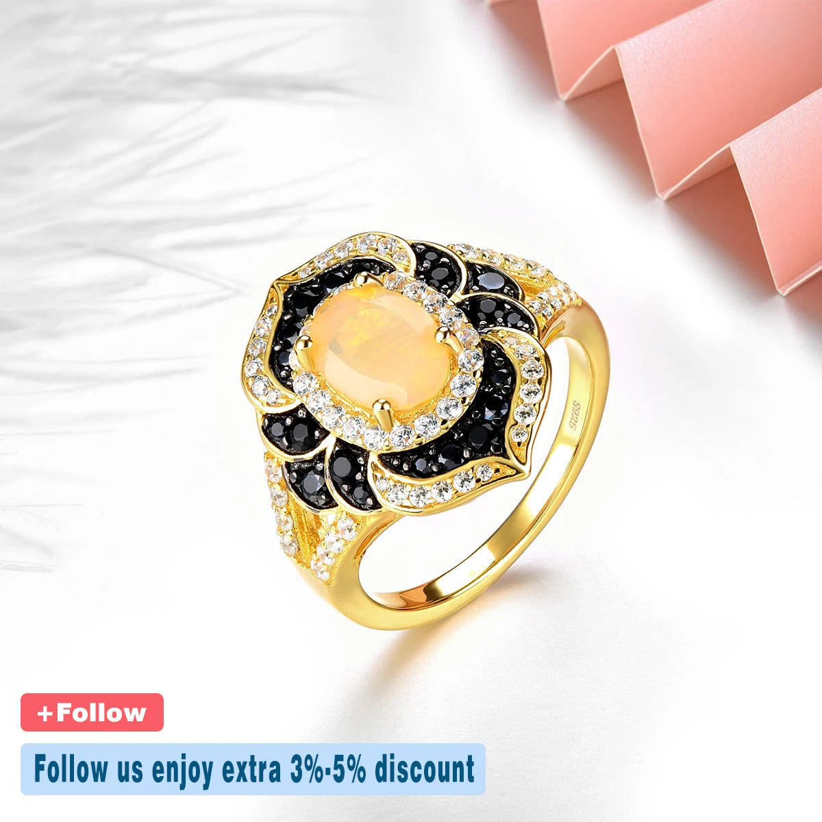 Natural Opal Black Spinel Silver Yellow Gold Plated Ring 2.5 Carats Genuine  Luxury