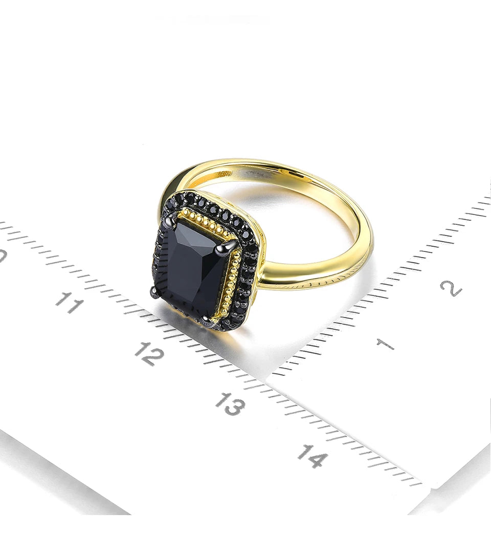 Natural Black Spinel Sterling Silver Yellow Gold Plated 2.6 Carats Genuine Gemstone Classic  Luxury