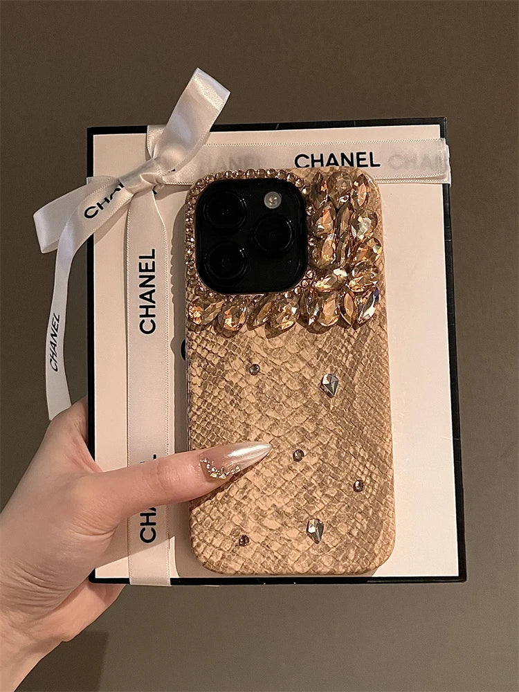 Luxurious High Quality Glitter Snakeskin Plating Diamond Phone Case For iPhone 15 14 13 12 16ProMax Bling Rhinestones Back Cover