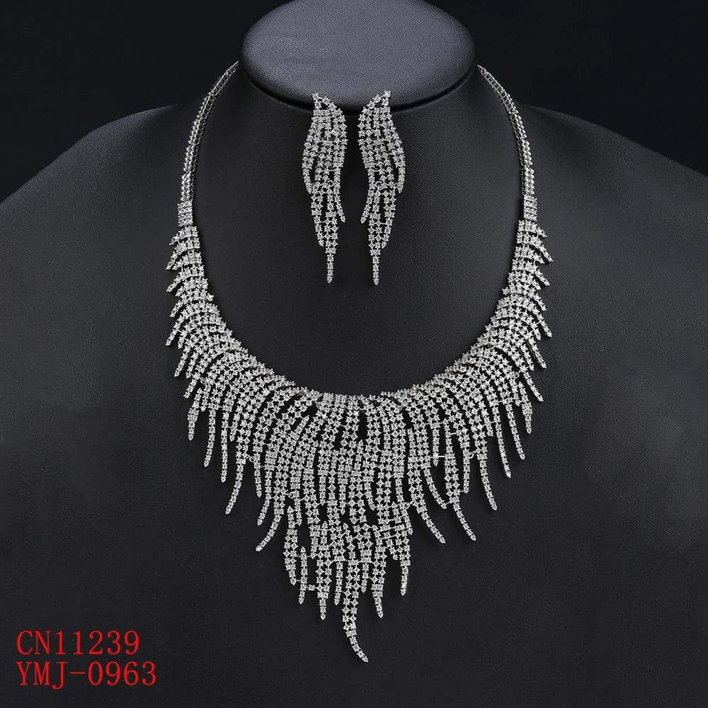 Luxury 2Pcs White ，Gold Necklace Earrings Set Cubic Zircon Women Wedding Party Jewelry Set CN11239