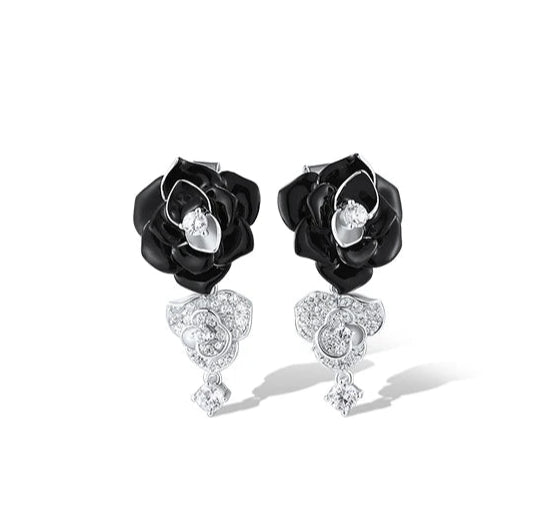 925 Sterling Silver Jewelry Set  Black White Flowers