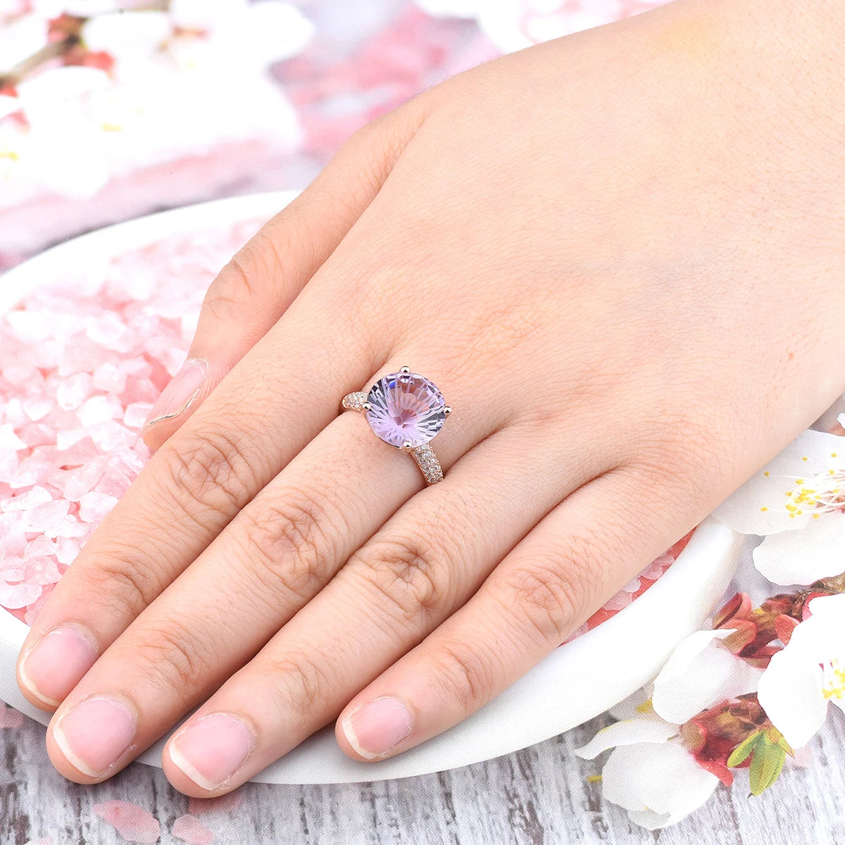 Natural Pink Amethyst Sterling Silver Rose Gold Plated Ring 6.5 Carats