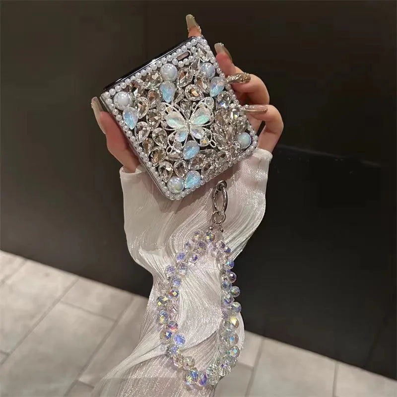 Cute Stone Crystal Pearl Elegant Butterfly Diamond Wrist Phone Case Cover For Samsung Galaxy  Z Flip 3 4 5 6 ZFLIP6