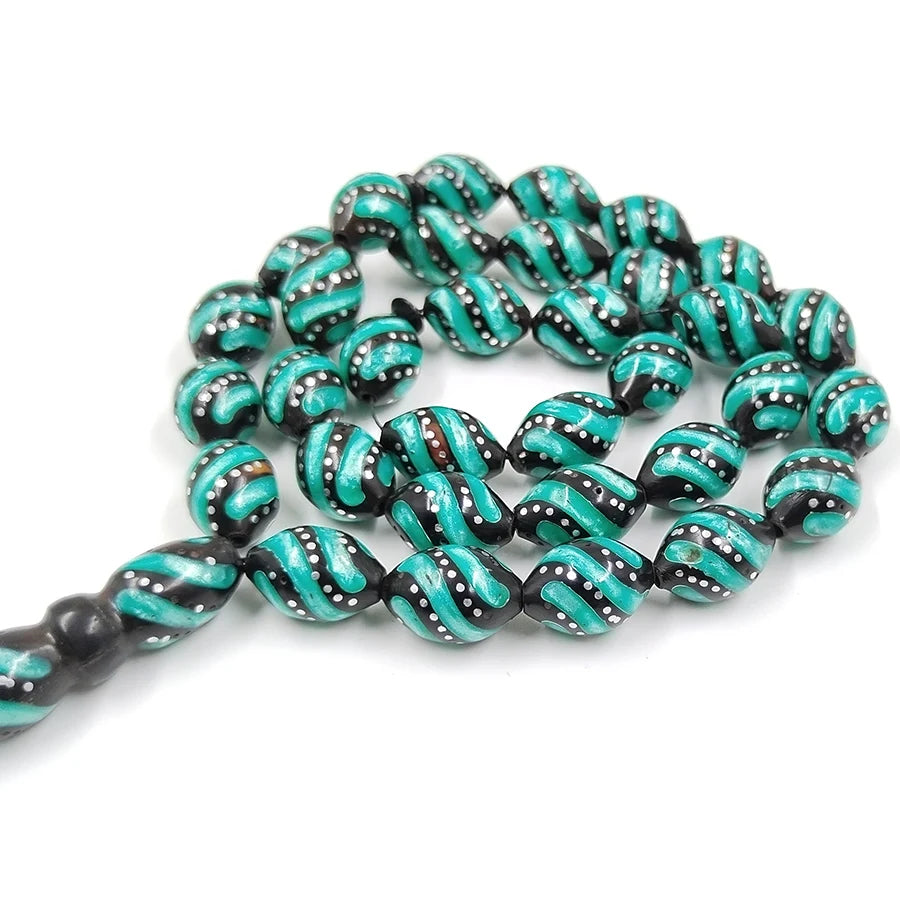 Tasbih Natural green kuka Wood Inlaid metal muslim 33  prayer beads Eid gift handmade subha islamic bracelet rosary