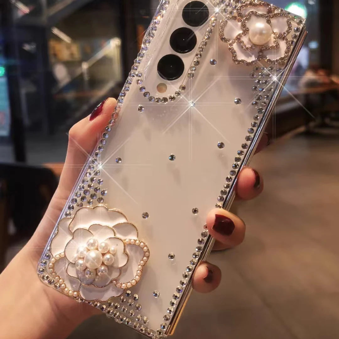 For Samsung Galaxy Z Fold 3 4 5 Luxury Cute Bling Brilliant  Diamond Crystal Flower Phone Case Cover