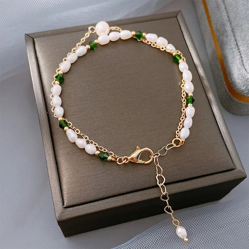 New Arrival Trendy Contrast Stitched Double-layer Bracelet Natural Freshwater Pearl 14K Gold Filled