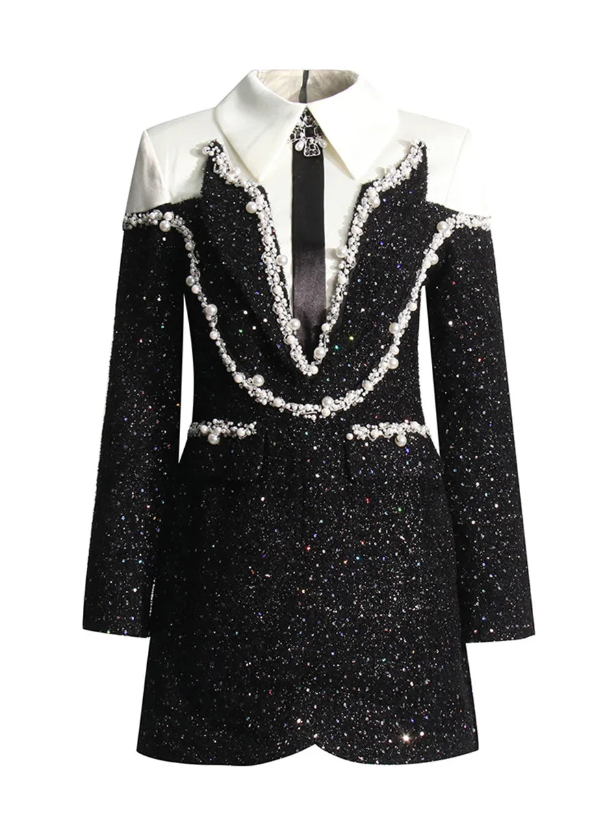 Quality Autumn Winter Beaded Diamonds Suit Coat Tweed Dress Women White Collar Shirt Top Black Long Sleeve Pencil Party Vestidos