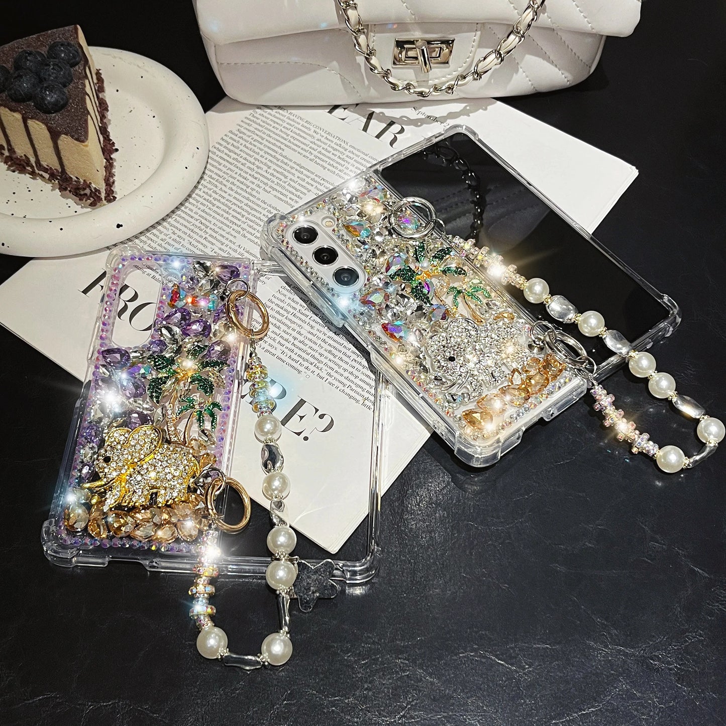 For Samsung Galaxy Z Fold 6 5 4 3 Luxury Cute Pearl Diamond Crystal Tree Wrist Strap Glitter Candy Wrist Phone Case Cover