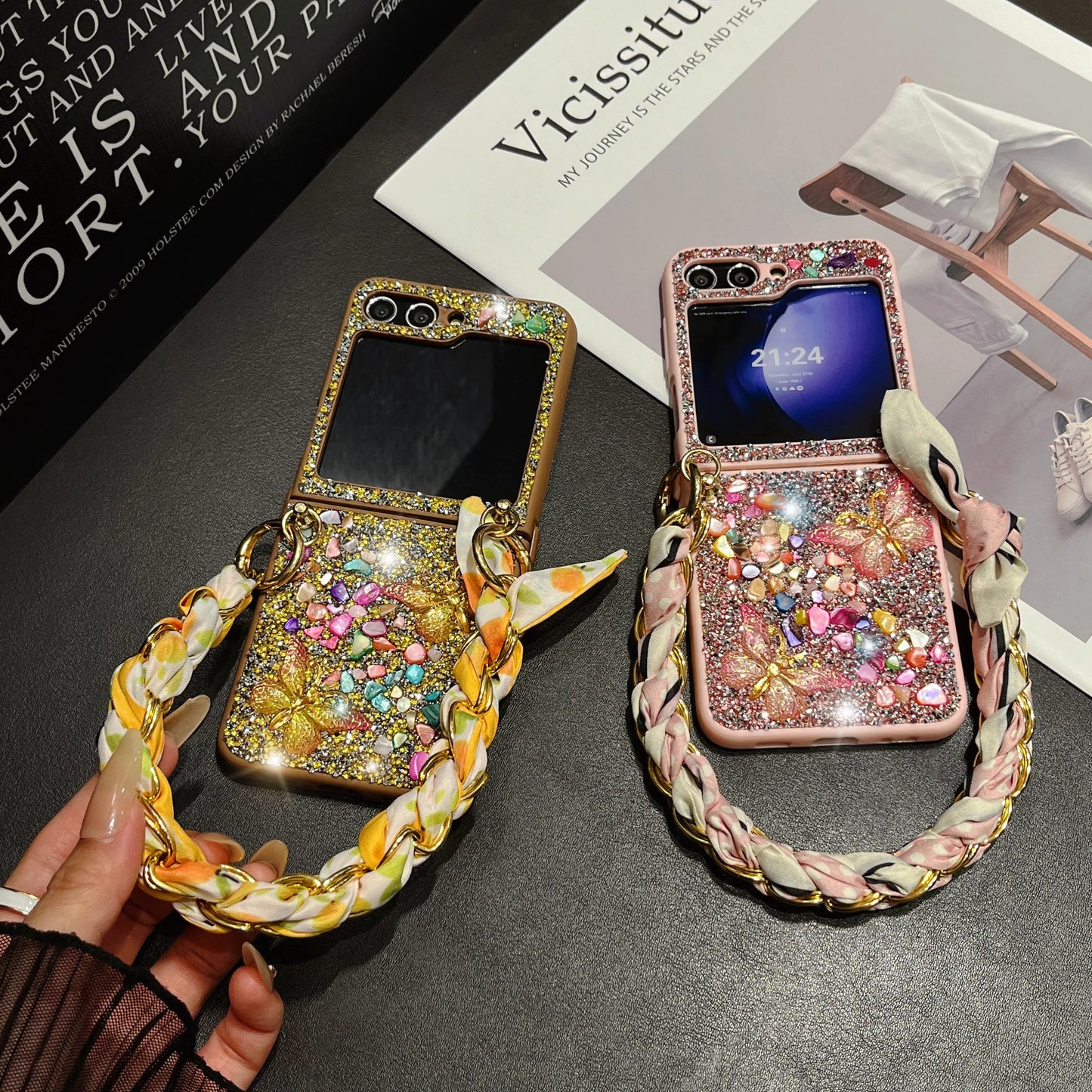 For Samsung Galaxy Z Flip 6 5 4 3 5G F7110 Unique Cute Diamond Elegant Bling Crystal Butterfly Silk Stone Wrist Phone Case Cover