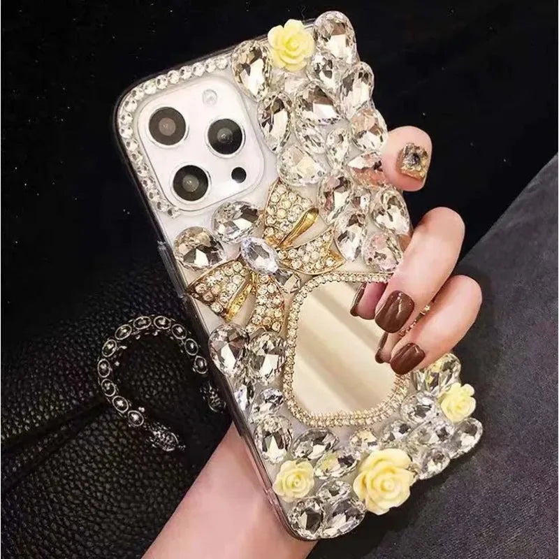 Hard TPU Back Cover Case for Huawei P50Pro, P40, Honor 50, 60Pro, Roses Decorate Diamonds, Mirror