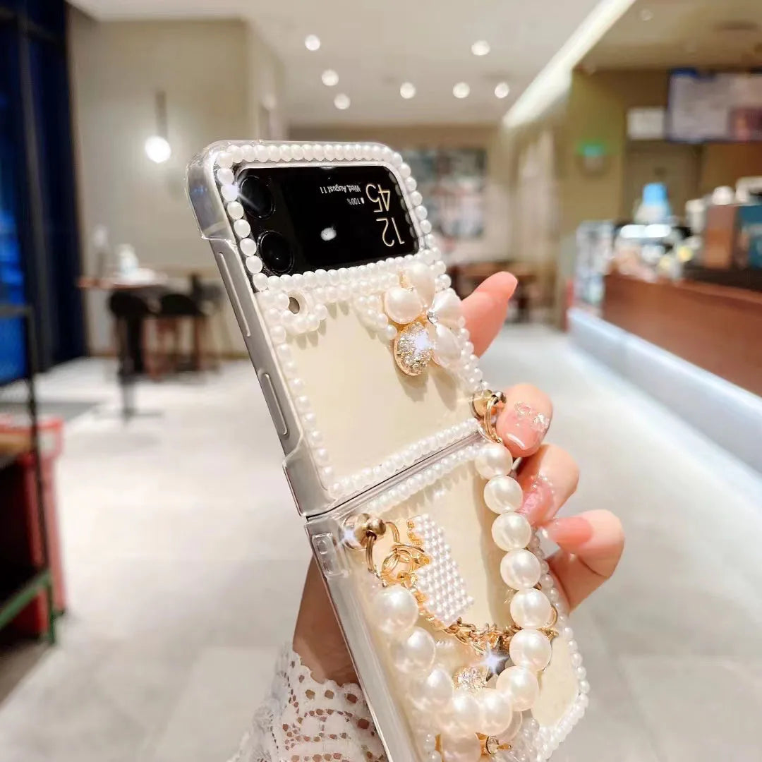 For Samsung Galaxy Z Flip 5 4 3 5G F7110 F7070 Rhinestones Crystal Pearl Crown Heart Wrist Luxury Phone Case Cover