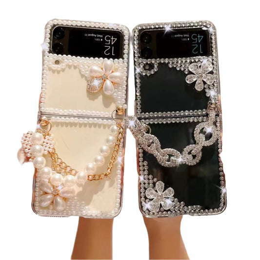 For Samsung Galaxy Z Flip 5 4 3 5G F7110 F7070 Rhinestones Crystal Pearl Crown Heart Wrist Luxury Phone Case Cover