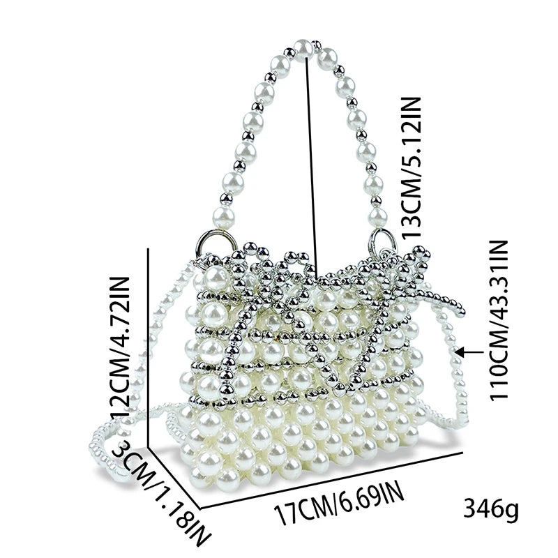 Western style Hollow Woven Pearl Bag Silver Bow Handheld Small Bag Fashionable Commuter Crossbody Bag Handmade Bag