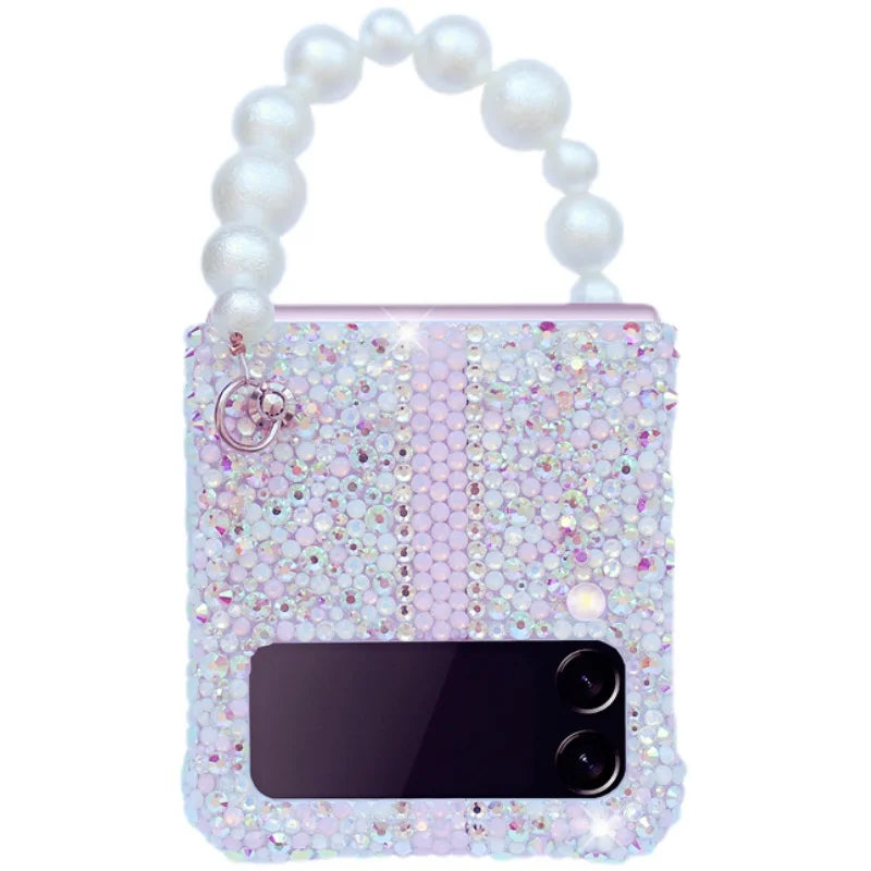 For Samsung Galaxy Z Flip 6 5 4 3 2 5G F7110 F7070 Luxury Rhinestones Crystal Cute Pearl Chain Wrist Jewell Bow Phone Case Cover