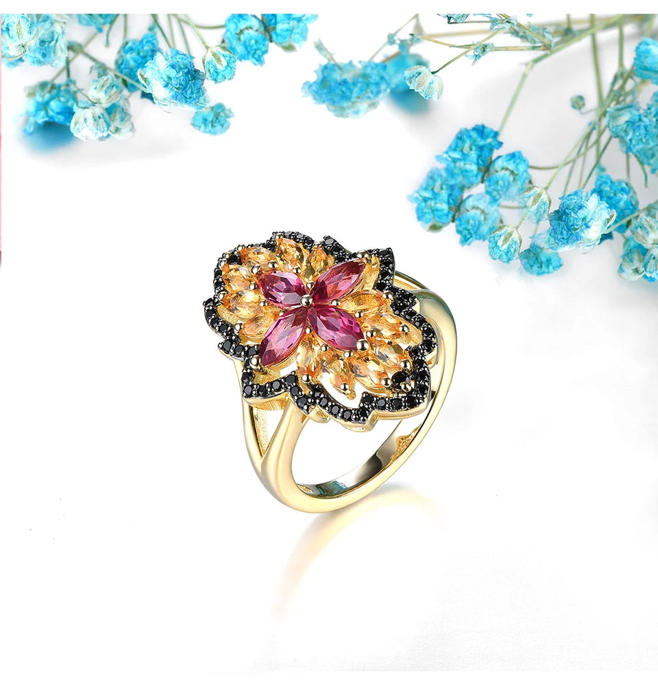 Natural Citrine Rhodolite Garnet Solid Silver Rings 2.5 Carats Genuine Gemstone Black Spinel