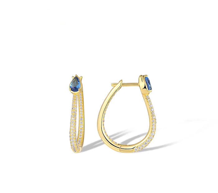 Real 925 Sterling Silver Loop Earrings  Sparkling Blue Spinel Trendy Daily Jewelry