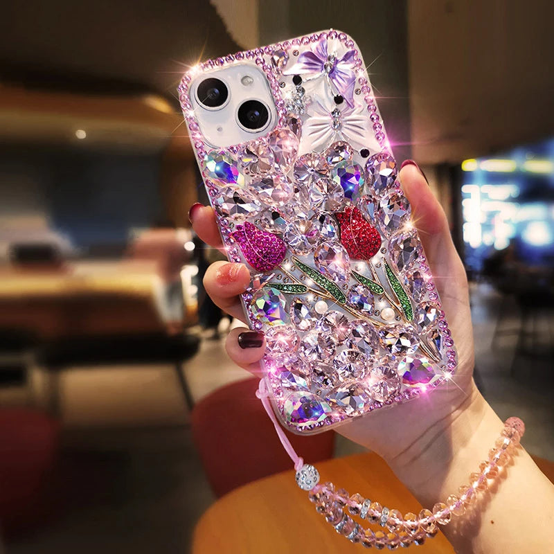 Luxury Sparkle Diamond Crystal Rhinestone Rose Flower Butterfly Case with Strap, for Huawei P50Pro, P40, Mate30, Honor 50, 60Pro