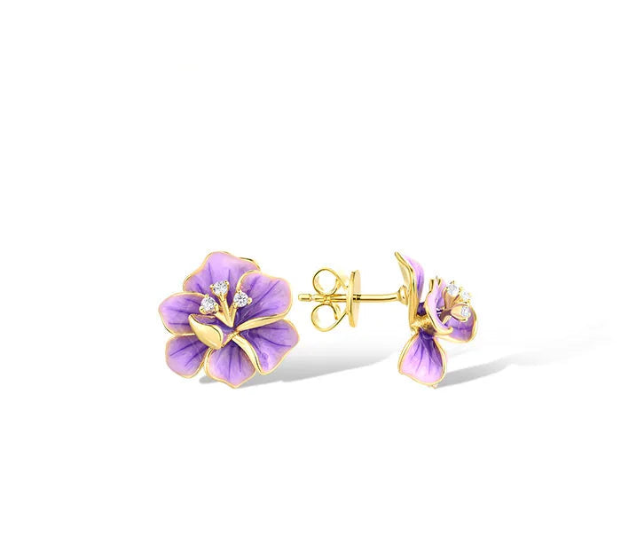 Pure 925 Sterling Silver  Purple Enamel Glamorous Flower Jewelry