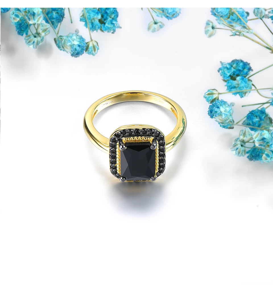 Natural Black Spinel Sterling Silver Yellow Gold Plated 2.6 Carats Genuine Gemstone Classic  Luxury