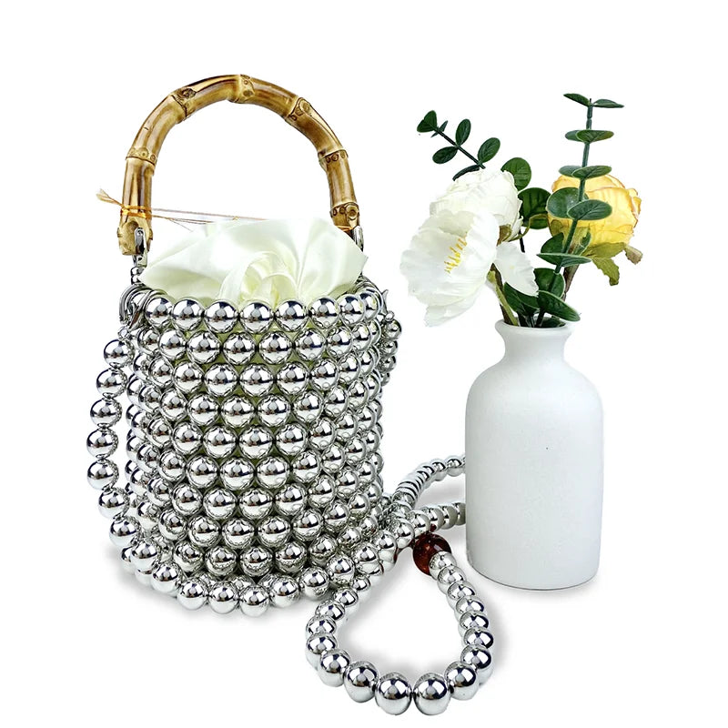 Product Network Red Bamboo Knot Handle Bag Pearl Chain Mini Bucket Bag