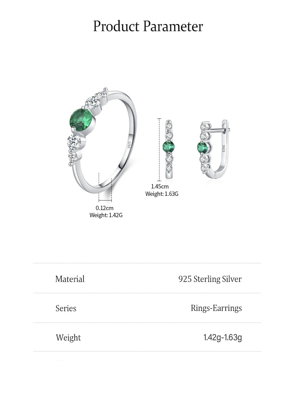 925 Sterling Silver Green Zircon Earrings Ring Sets