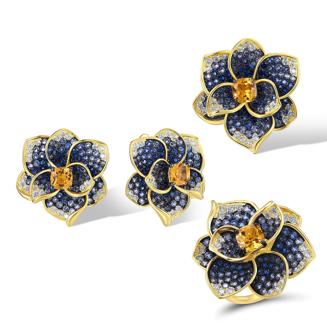 925 Sterling Silver Blue  Yellow Crystal Flower  Jewelry