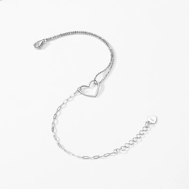 100% Real 925 Sterling Silver Fashion Simple Heart  Bracelet Jewelry