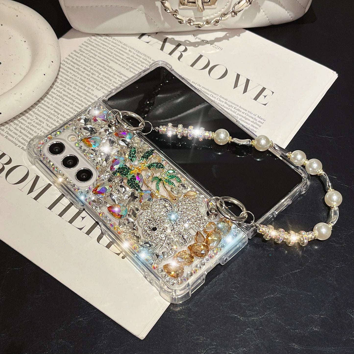 For Samsung Galaxy Z Fold 6 5 4 3 Luxury Cute Pearl Diamond Crystal Tree Wrist Strap Glitter Candy Wrist Phone Case Cover