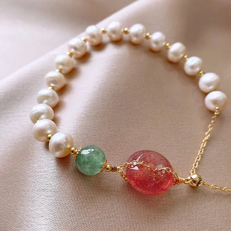 100% Natural Freshwater Pearl & Strawberry Quartz 14K Gold Filled Female Charm Bracelet Wholesale Jewelry