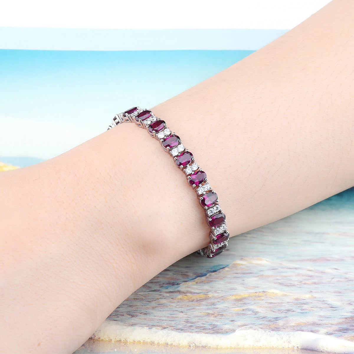 Natural Rhodolite Garnet Silver Bracelet 19 Carats Genuine Rose Garnet  Classic Style Luxury