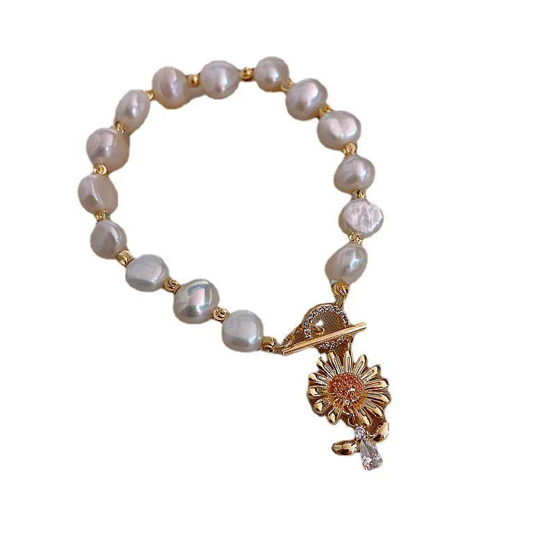 Sweet Honeybee & Chrysanthemum Natural Freshwater Baroque Pearl 14K Gold Filled Female Charm Bracelet Jewelry