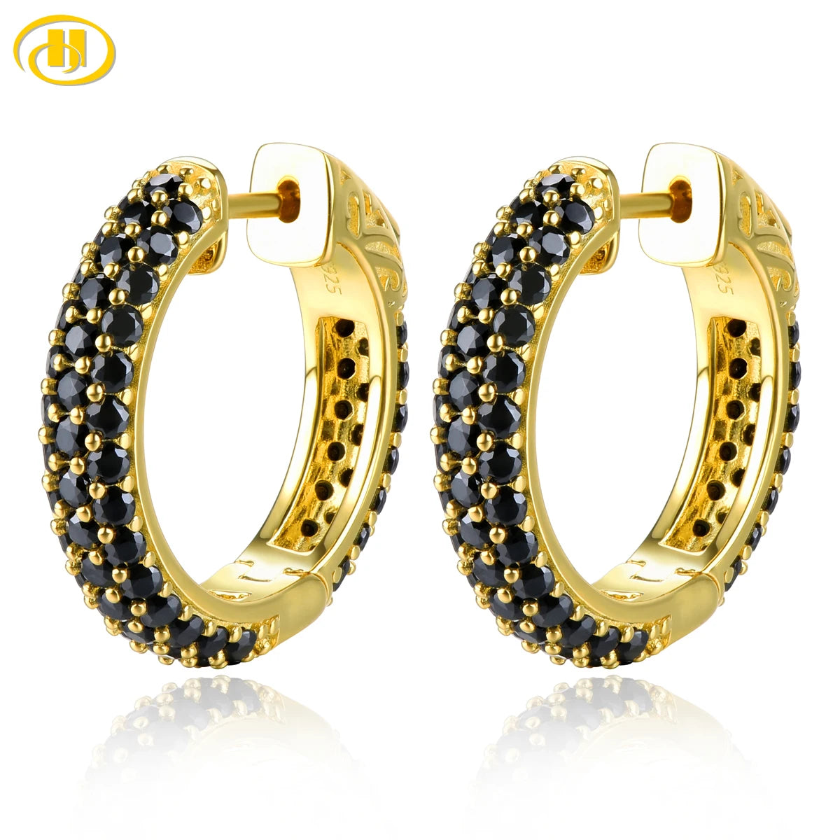 Natural Black Spinel Silver Hoop Earring S925 Yellow Gold  Spinel Classic Original Style Top Quality