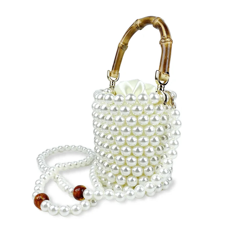 Product Network Red Bamboo Knot Handle Bag Pearl Chain Mini Bucket Bag