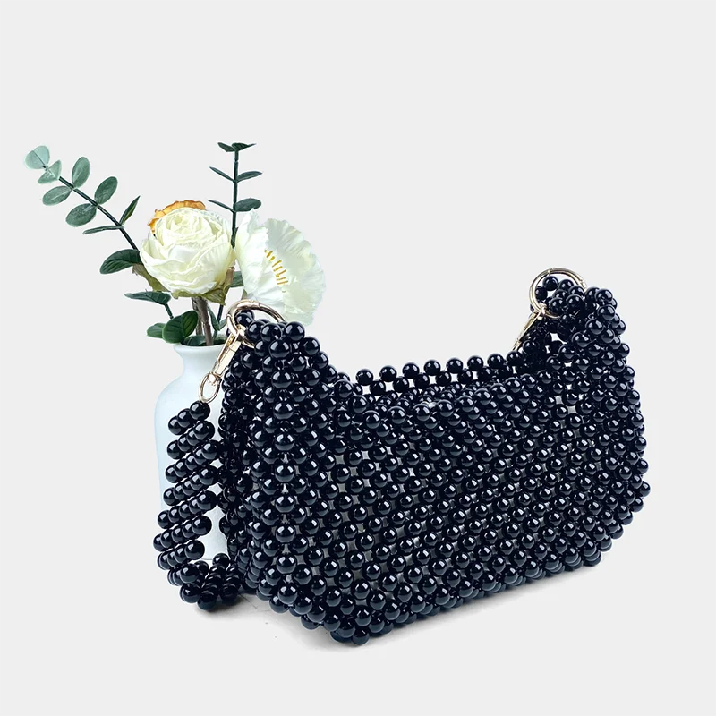 New Chinese style socialite hand woven armpit small square bag bead pearl saddle bag banquet shoulder bag