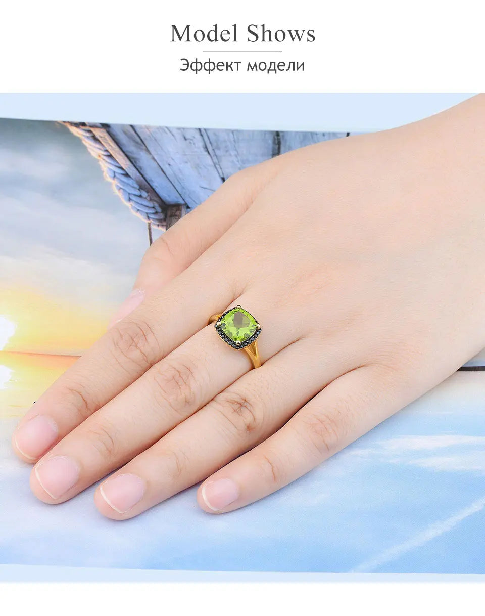 Natural Peridot Black Spinel Silver Yellow Gold Plated Ring 3 Carats Genuine Gemstone Speical Design Top Quality