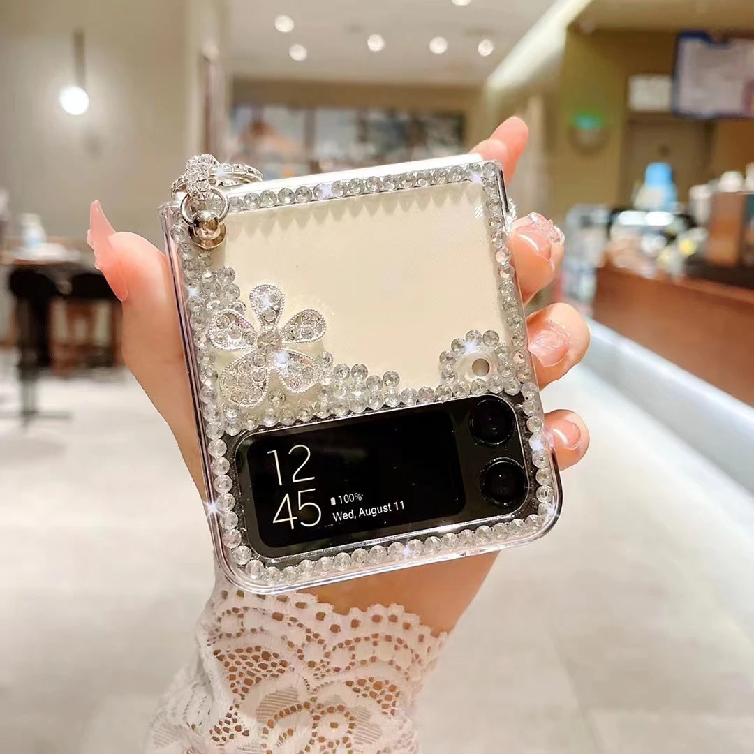 For Samsung Galaxy Z Flip 5 4 3 5G F7110 F7070 Rhinestones Crystal Pearl Crown Heart Wrist Luxury Phone Case Cover