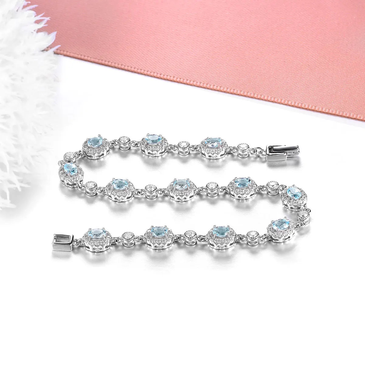 Natural Aquamarine Sterling Silver Bracelet S925 Women Jewelry 2.9 Carat Genuine Gemstone Light Blue Classic