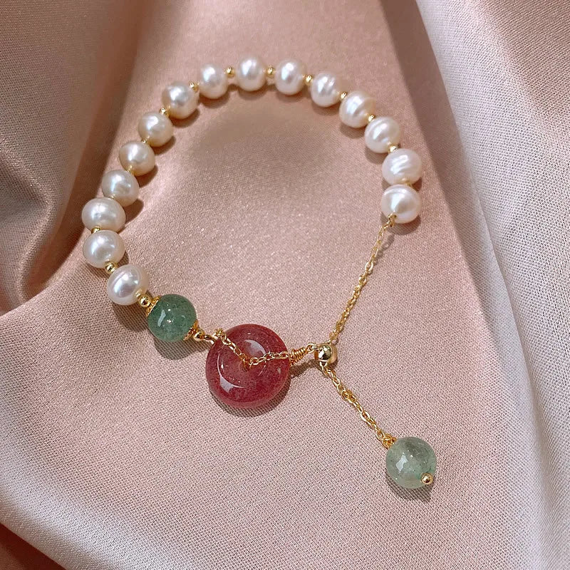 100% Natural Freshwater Pearl & Strawberry Quartz 14K Gold Filled Female Charm Bracelet Wholesale Jewelry