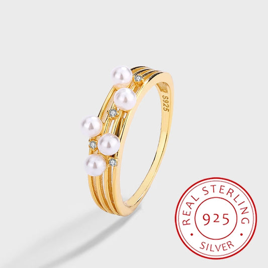 Fashionable and Versatile Authentic S925 Silver 14K Gold Multi-layered Wrapped Pearl Ring Simple Niche Design