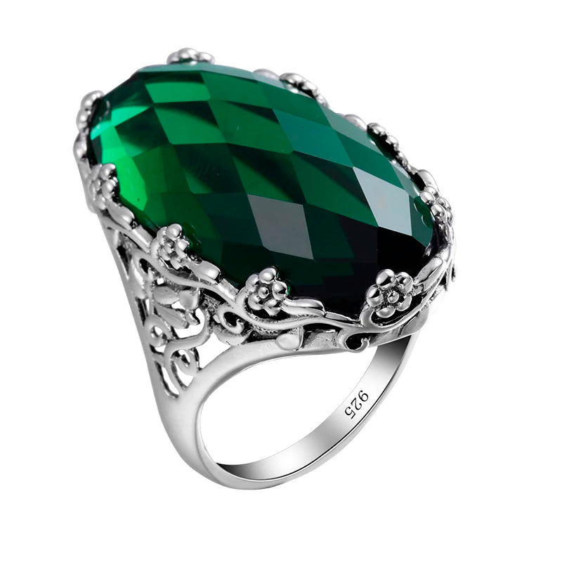 Green Stone Crystal Ring Big Stone Flower Pure 925  Sterling Silver Ring Classic Vintage Jewelry