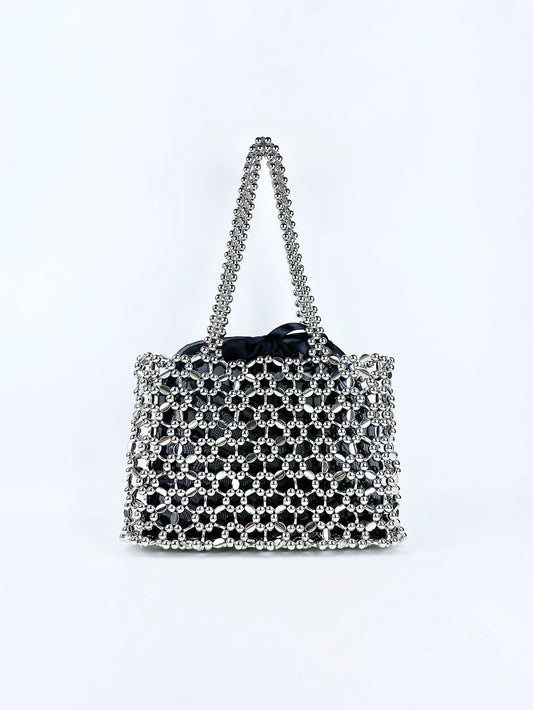 Fashionable niche retro shiny silver beaded bag woven lightweight hollow beaded versatile shoulder bag